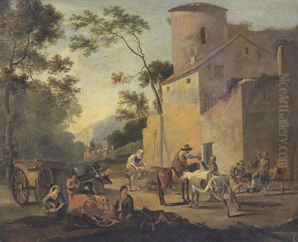 Paesaggio Con Sosta Di Viandanti In Un Borgo Romano Oil Painting by Paolo Monaldi