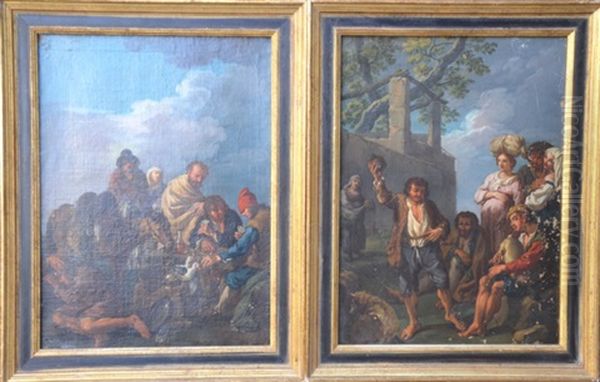 La Partie De Cartes Des Villageois Et Le Joyeux Buveur Ou Les Rejouissances Campagnardes (pair) Oil Painting by Paolo Monaldi