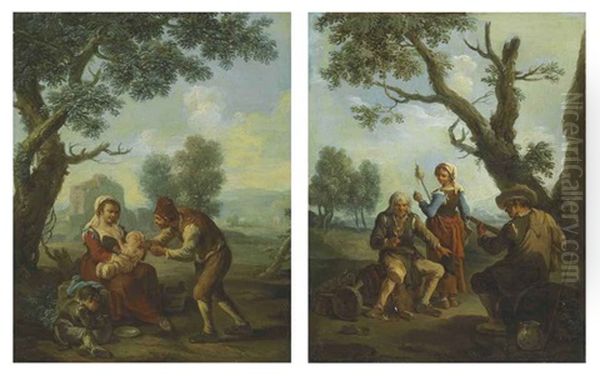 A Peasant Family In A Landscape (+ An Old Man With A Glass Of Wine, A Musician And A Maiden With A Distaff, 2 Works) Oil Painting by Paolo Monaldi