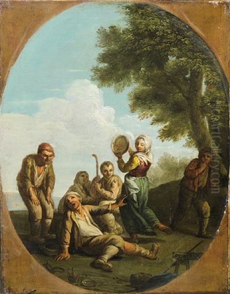 Figures Dancing And Merrymaking (+ Figures Drinking Before A Country Inn; Pair) Oil Painting by Paolo Monaldi