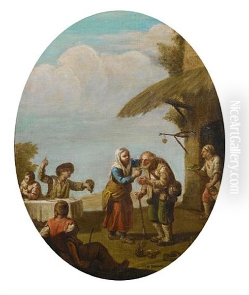 Figures Dancing And Merrymaking (+ Figures Drinking Before A Country Inn; Pair) Oil Painting by Paolo Monaldi