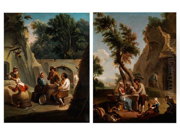 Bauern Bei Der Rast An Einem Fass Sitzend, Mit Landschaftlichem Hintergrund (+ Bauern Bei Der Rast An Einem Steintisch, Mit Landschaftlichem Hintergrund; Pair) Oil Painting by Paolo Monaldi