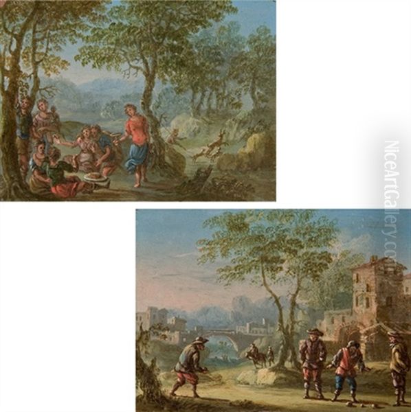 Joueurs De Boule Sur La Place Du Village (+ Personnages Dejeunant Dans Un Paysage; Pair) Oil Painting by Paolo Monaldi