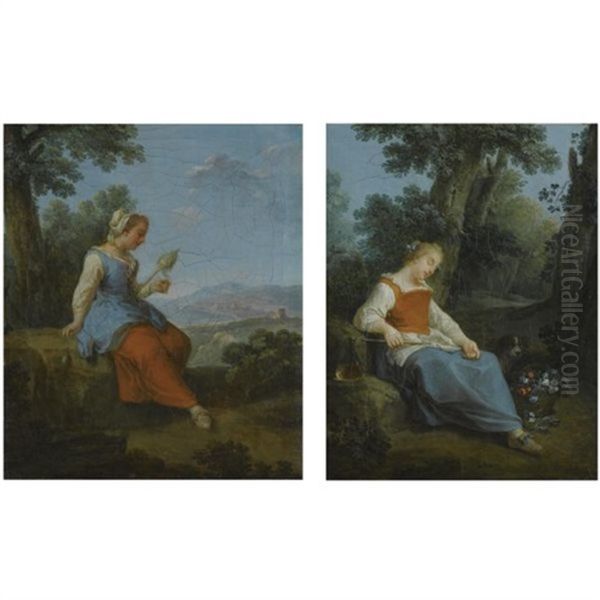 A Spinner At Rest (+ A Shepherdess At Rest, Smllr; Pair) Oil Painting by Paolo Monaldi