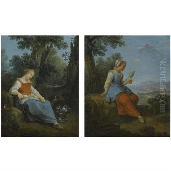 A Shepherdess At Rest (+a Spinner At Rest; Pair) Oil Painting by Paolo Monaldi