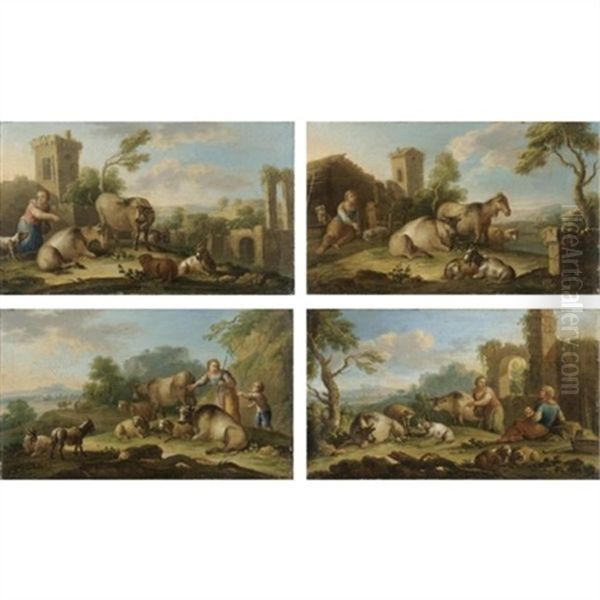 Paesaggi Con Contadini E Animali (set Of 4) Oil Painting by Paolo Monaldi