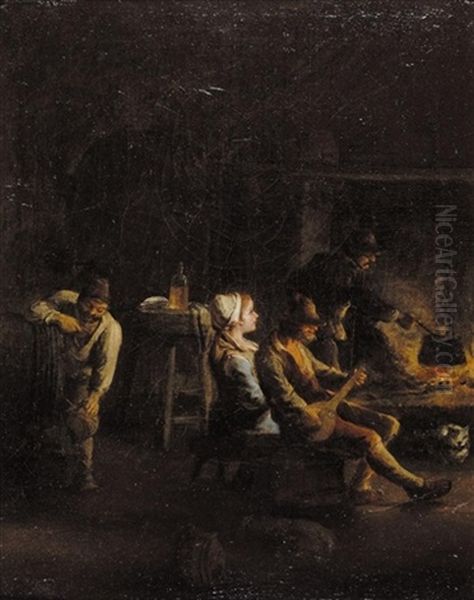 A Kitchen Interior With Peasants Sitting Round A Fire, Drinking And Playing Music Oil Painting by Paolo Monaldi