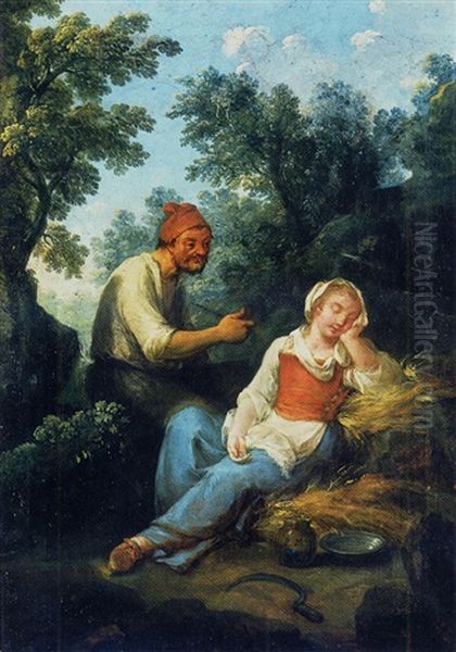 A Wooded Landscape With A Peasant Smoking And A Young Girl Asleep Oil Painting by Paolo Monaldi