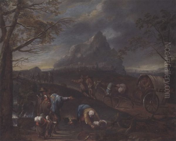 A Mountainous Landscape With Peasants Travelling On A Path Oil Painting by Paolo Monaldi