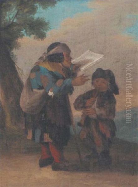 A Beggar And A Boy Playing A Pipe Oil Painting by Paolo Monaldi