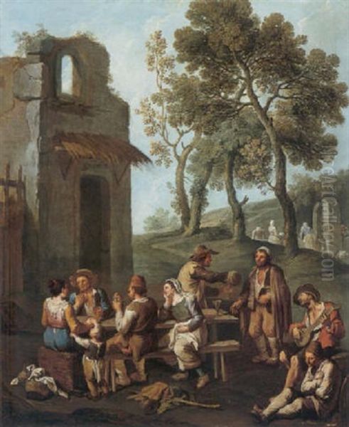 A Landscape With Peasants And Beggars Drinking, Smoking, And Singing, Washer-women In The Distance Oil Painting by Paolo Monaldi