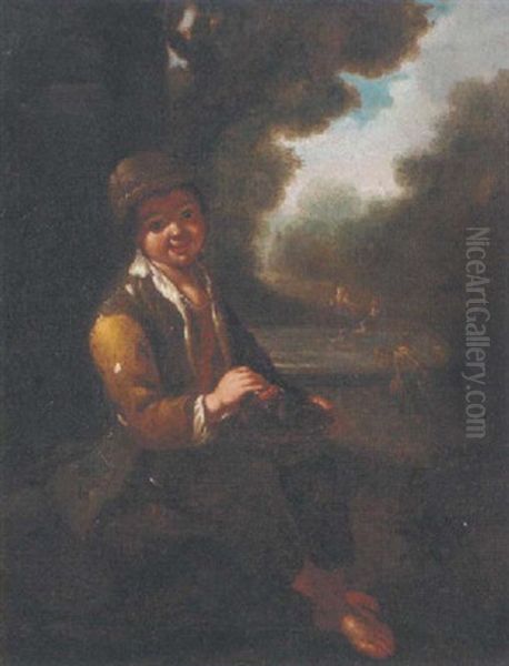 Boy Resting With A Basket On His Lap, Figures By A Swan Lake Beyond Oil Painting by Paolo Monaldi