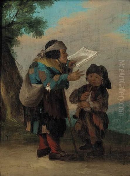 A Beggar And A Boy Playing A Pipe Oil Painting by Paolo Monaldi