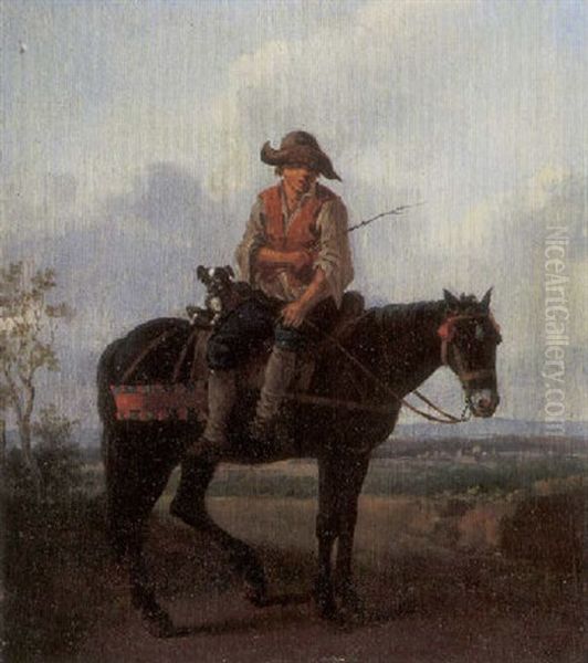 A Peasant And His Dog On A Horse In A Landscape Oil Painting by Paolo Monaldi