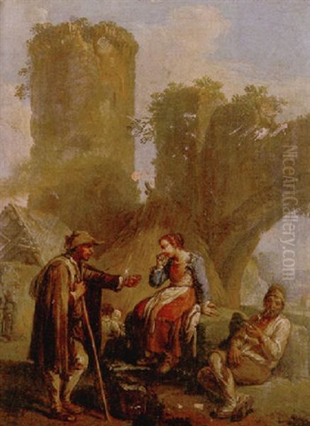 Peasants Conversing Before A Ruined Arch Oil Painting by Paolo Monaldi