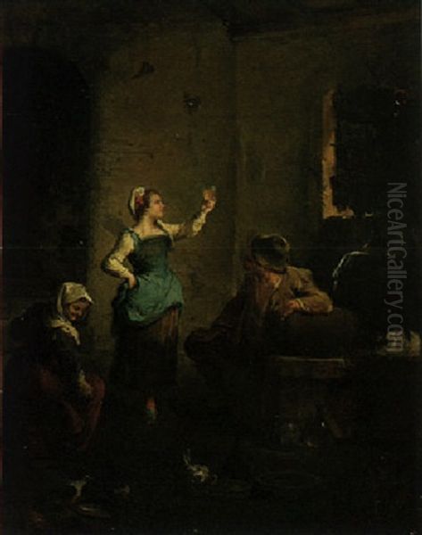 Peasants In An Interior With A Girl Holding Up A Glass Oil Painting by Paolo Monaldi