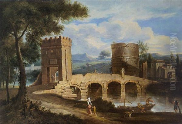 Veduta Del Sepolcro Dei Plauzi E Del Ponte Lucano Sull'aniene, Nei Pressi Di Tivoli Oil Painting by Paolo Monaldi