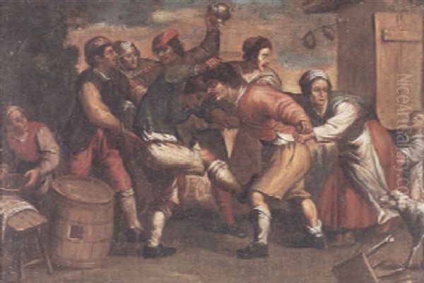 A Scene Outside A Tavern With Figures Brawling Oil Painting by Paolo Monaldi