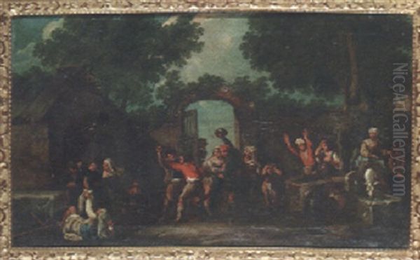 Peasants Fighting Outside An Inn With Onlookers Beside A Gateway Oil Painting by Paolo Monaldi