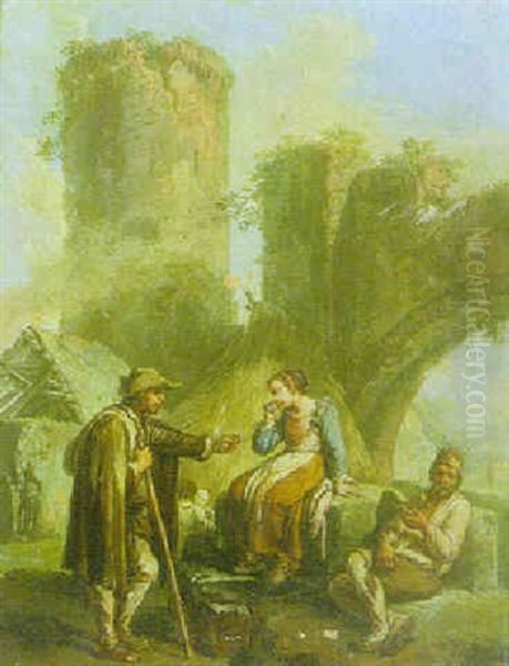 A Genre Scene With Peasants Resting, Ruins Beyond Oil Painting by Paolo Monaldi