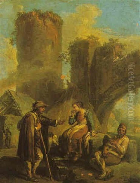 A Genre Scene With Peasants Resting, Ruins Beyond Oil Painting by Paolo Monaldi