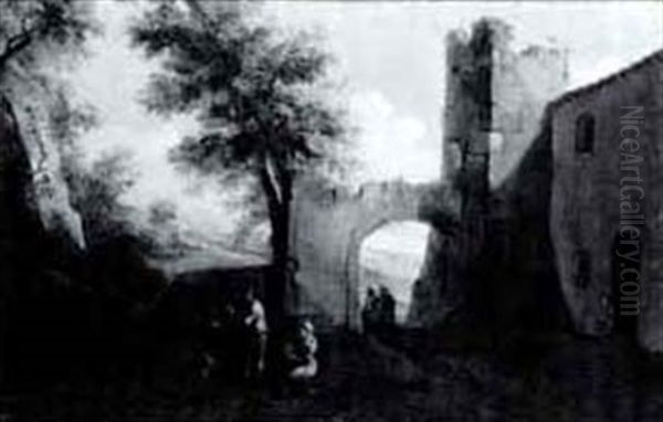 Peasant Family In A Italianatelandscape With Figures        Walking Through An Arch Oil Painting by Paolo Monaldi