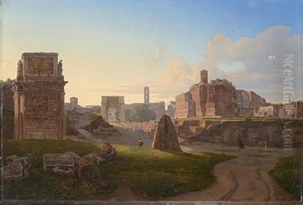 The Roman Forum With The Arch Of Constantine, The Temple Of Venus And Rome, And The Via Sacra Leading To The Arch Of Titus Oil Painting by Pierre Monami