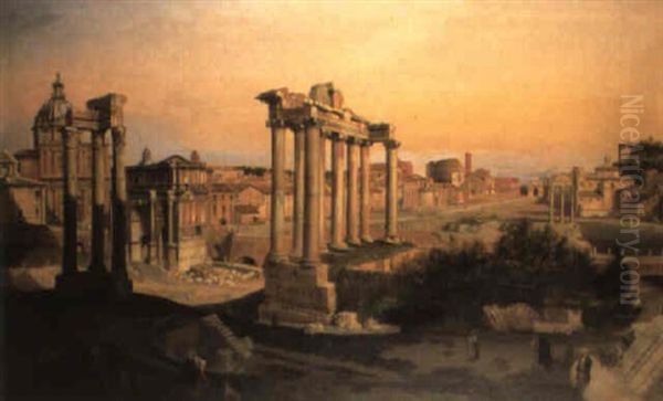 A View Of The Forum, Rome With A Photographer And An Artist Sketching Oil Painting by Pierre Monami