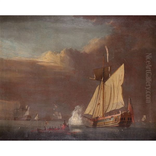 Frigate Saluting The Approach Of The Captain With Other Vessels Beyond Oil Painting by Peter Monamy