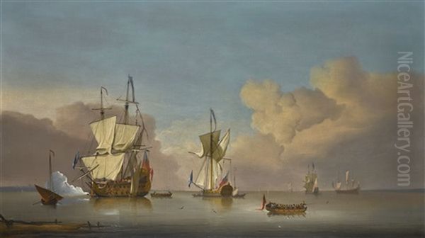 The Evening Gun: Men-o'-war And Barges In A Calm Sea Oil Painting by Peter Monamy