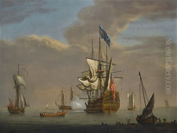 The First Rate 'britannia' Coming To An Anchor, Her Arrival Greeted By The Customary Salute And Her Commander Being Rowed Ashore In His Barge Oil Painting by Peter Monamy