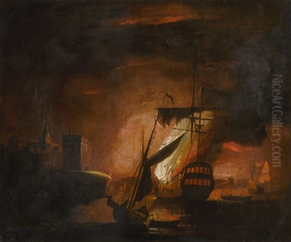 A Ship On Fire At Night Oil Painting by Peter Monamy