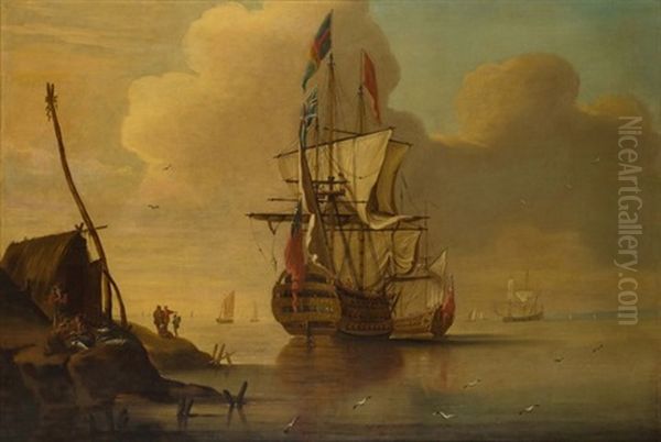 The ~royal Sovereign~ Drying Her Sails And Attended By An Admiralty Yacht Oil Painting by Peter Monamy