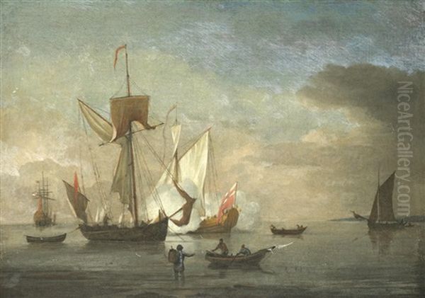 Admirality Yacht Firing A Salute, With Small Vessels Nearby Oil Painting by Peter Monamy