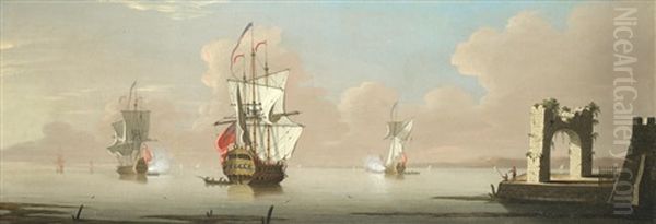 A Capriccio Of British Men O'war Firing Salutes With Other Vessels In Calm Waters Off A Harbour Oil Painting by Peter Monamy