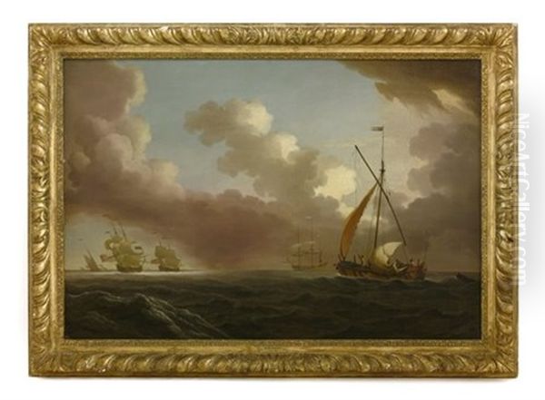 A Dutch Fisherman Reefing Her Sails, A French Frigate And An English Squadron Of The Red Beyond Oil Painting by Peter Monamy