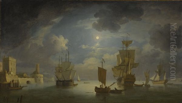 Moonlit Scene With An Indiaman And Other Merchant Shipping Off A Fortified Town Oil Painting by Peter Monamy