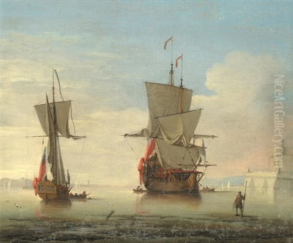 An English Man-o'-war And An Admiralty Yacht Close Inshore In An Estuary, Probably The Medway, Each Vessel Drying Her Sails In The Warm Air by Peter Monamy