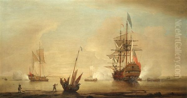 A Bustling Inshore Anchorage, With A Flagship Firing Salutes To Announce Her Readiness To Sail Oil Painting by Peter Monamy