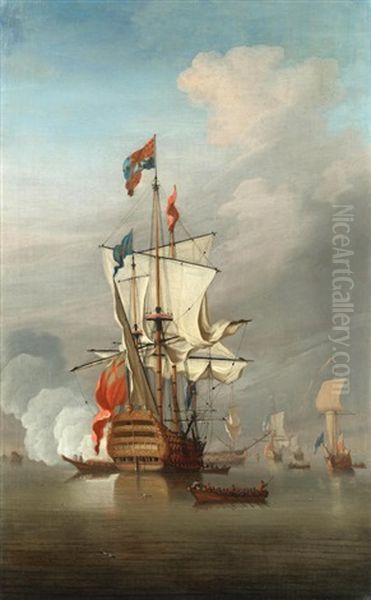 The Flagship Royal Sovereign Becalmed In An Anchorage With Other Ships Of The Fleet Nearby Oil Painting by Peter Monamy