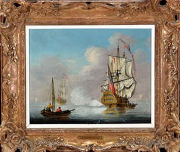 A Man O' War Firing A Signal Cannon Oil Painting by Peter Monamy