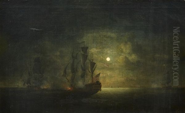 Sea Battle In Moonlight Oil Painting by Peter Monamy