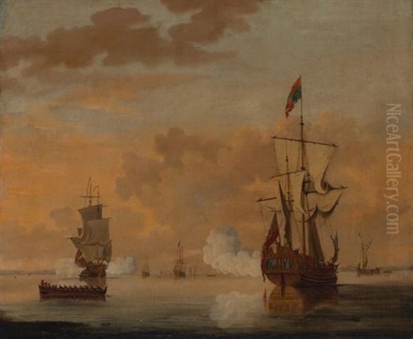 Two British Men-o-war Firing Salutes In Calm Water Off A Coast Oil Painting by Peter Monamy