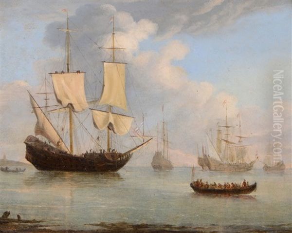 A Dutch Man O'war With Sailors Adjusting The Sails And Other Sailing Vessels At Sea Oil Painting by Peter Monamy