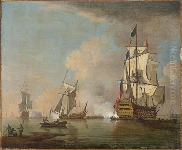 A British Man O' War Firing A Salute In Calm Seas With Other Vessels Oil Painting by Peter Monamy