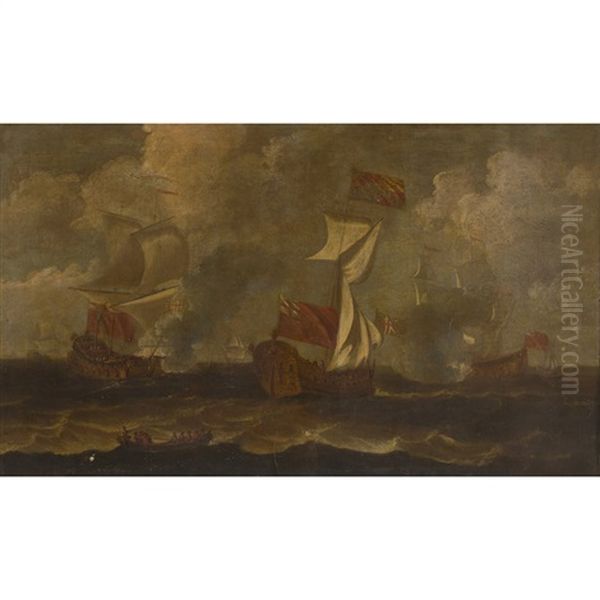 An English Frigate And A Ship Of The Line Giving A Salute To Oil Painting by Peter Monamy