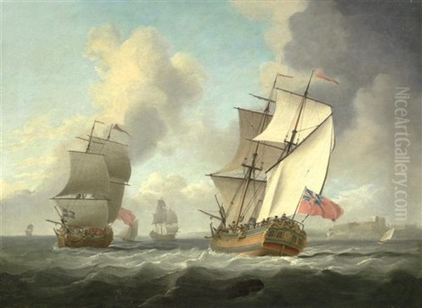 A Trinity House Yacht Passing A Frigate Off What Is Traditionally Identified As Castle Cornet, Guernsey Oil Painting by Peter Monamy