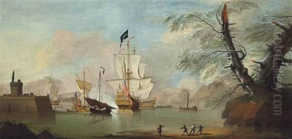 English Men-o'war Lying In A Fortified Continental Harbour, With The Flagship Firing A Salute Oil Painting by Peter Monamy