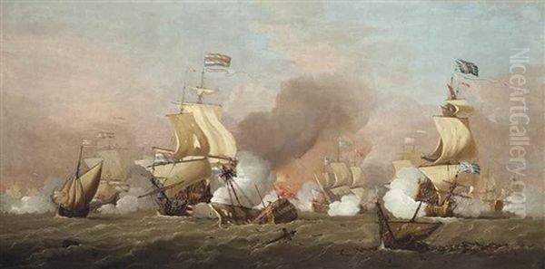 The Battle Of Texel, 11th August 1673: Two Large First Rates, English And Dutch, Engaged In A Fierce Broadside Duel, With H.r.h. Prince Rupert's Flagship Royal Sovereign In Action Astern Of Them Oil Painting by Peter Monamy