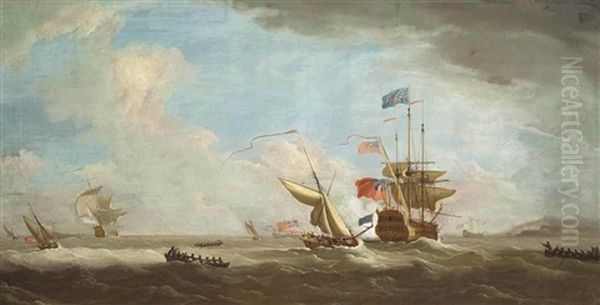 Ships Of The Fleet In A Stiff Breeze Off The Coast, The Flagship Of The Red Squadron Heaving-to Ahead Of An Approaching Admiralty Yacht Oil Painting by Peter Monamy